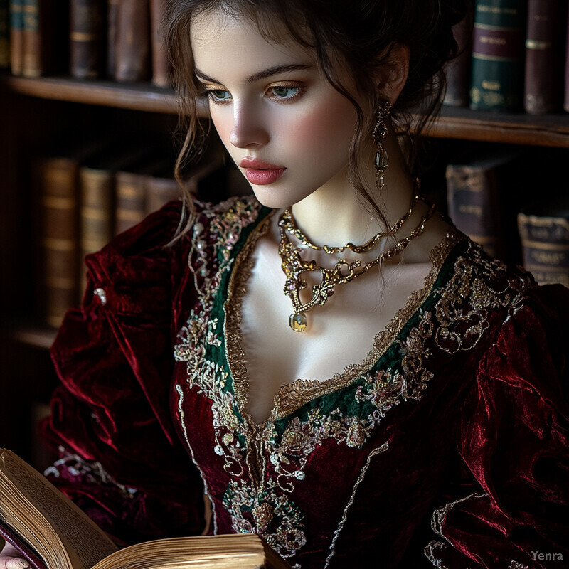 A woman in a red velvet dress holds an open book, surrounded by a blurred library setting.