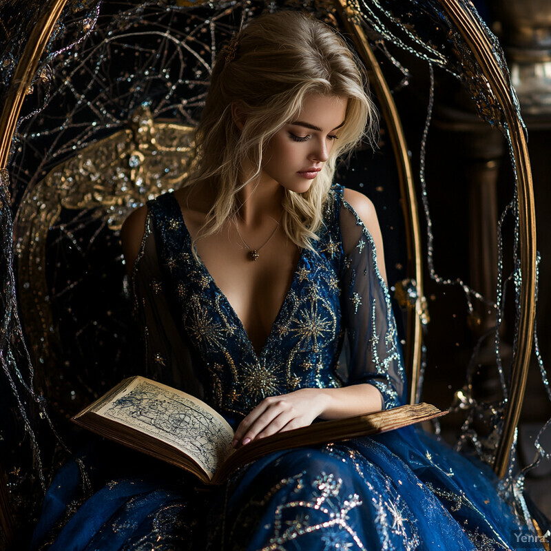 A woman sits in an ornate chair, reading a book