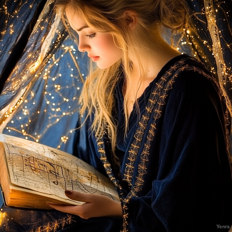 A young woman with long blonde hair reads an open book in a dimly lit setting with fairy lights or string lights.