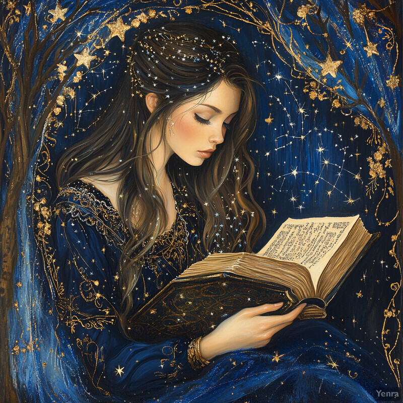 A serene and mystical scene of a woman reading an old book amidst a starry night sky.