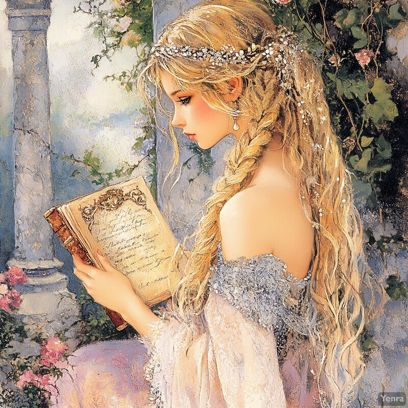 A serene depiction of a woman with long blonde hair and a flowing dress, surrounded by nature and holding a book.