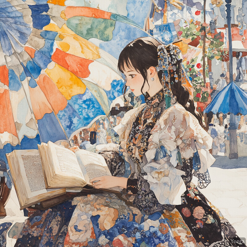 A woman reads an open book, surrounded by a colorful background that evokes an outdoor setting on a sunny day.