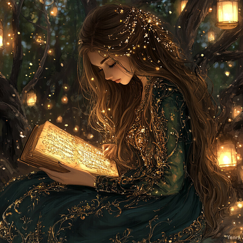 A woman sits in a forest surrounded by glowing lanterns, reading a book illuminated by their soft glow.