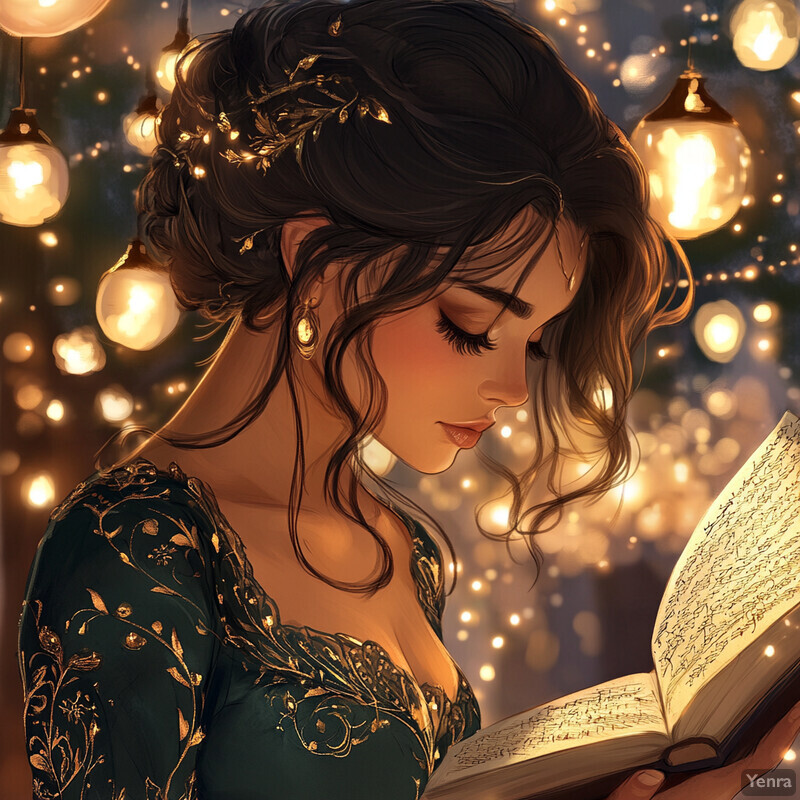 A woman reads a book amidst an enchanting atmosphere illuminated by numerous hanging lights.