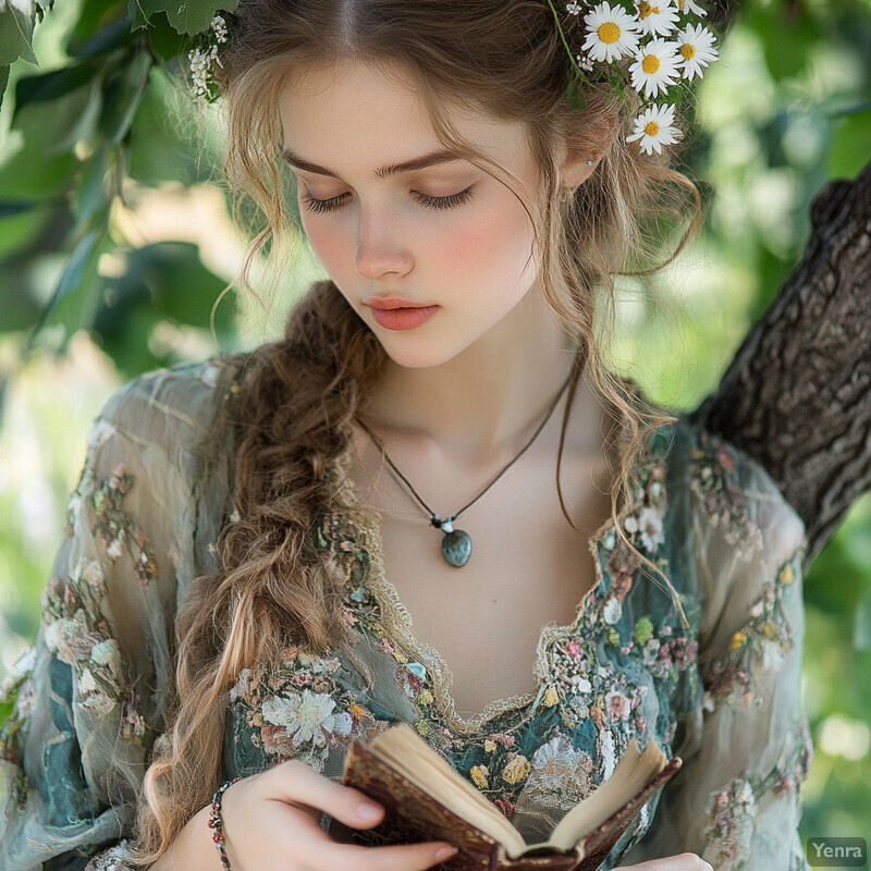 A young woman with long, curly hair and a flowy floral dress is reading an open book outdoors or in a garden.