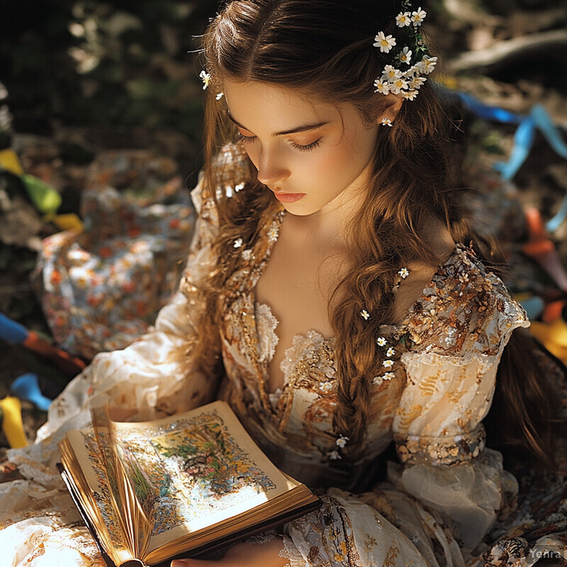 A young woman sits in an outdoor setting, surrounded by greenery and flowers, engrossed in reading or studying from an open book.