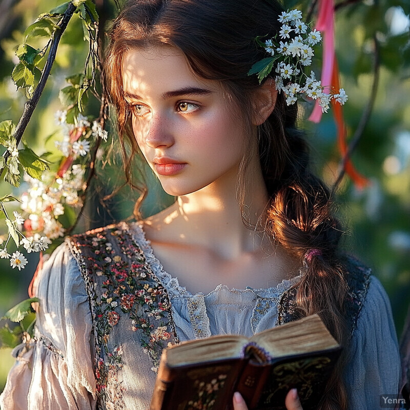 A young woman with long brown hair and white flowers in her braid holds an open book while standing outdoors among trees.