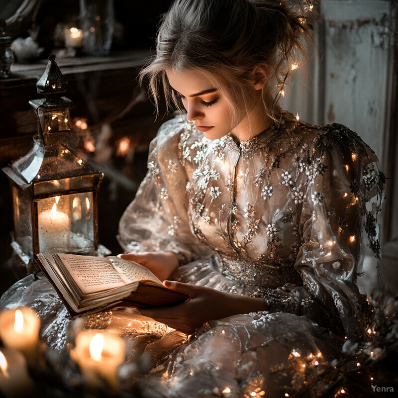 A young woman reading a book by candlelight