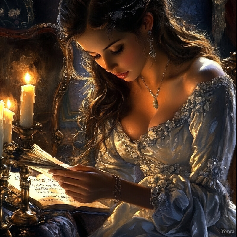 A woman reads a book by candlelight, surrounded by elegance and serenity.