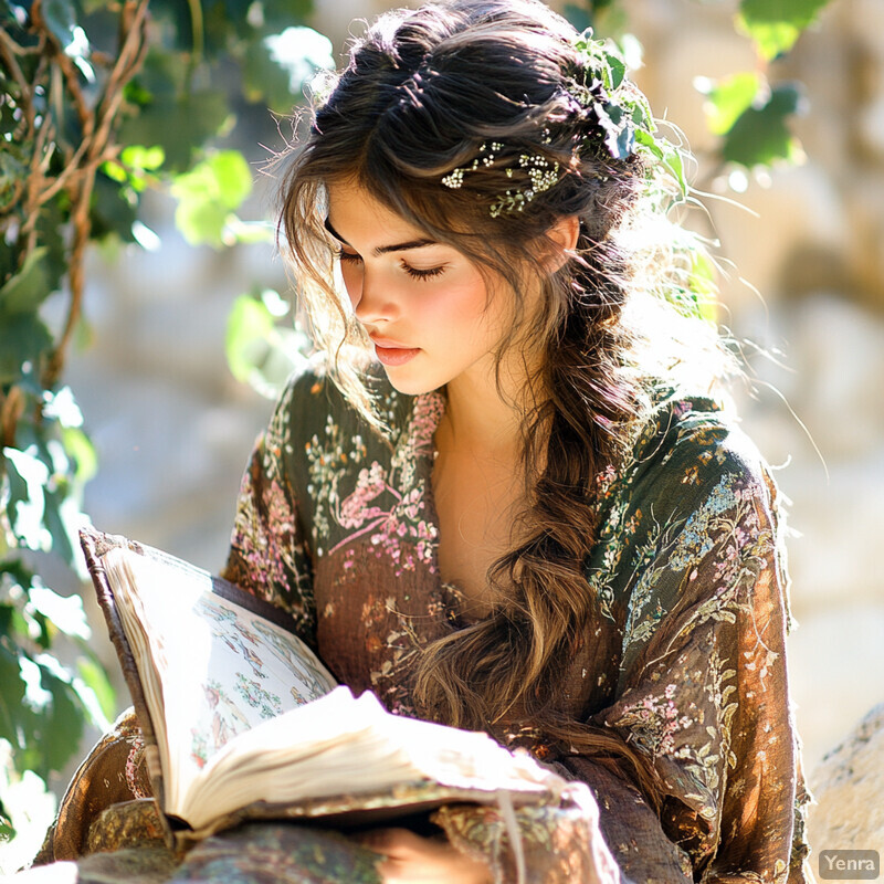 A woman reads an antique book in a serene outdoor environment