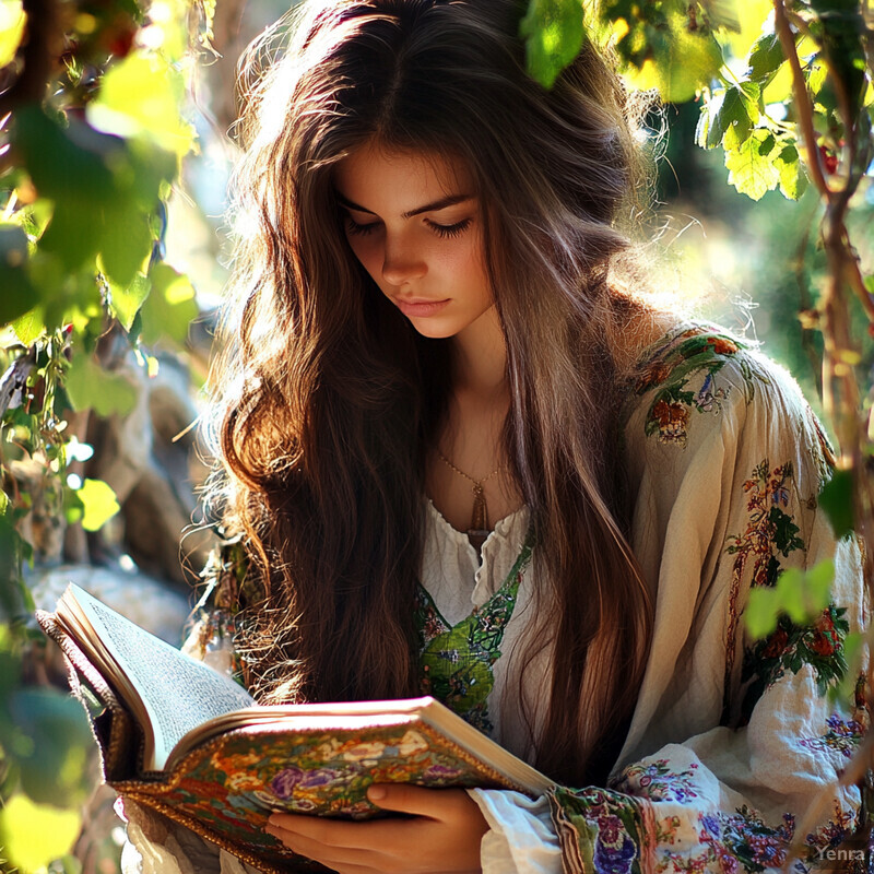 A young woman with long brown hair and fair skin reads a book in an outdoor setting.