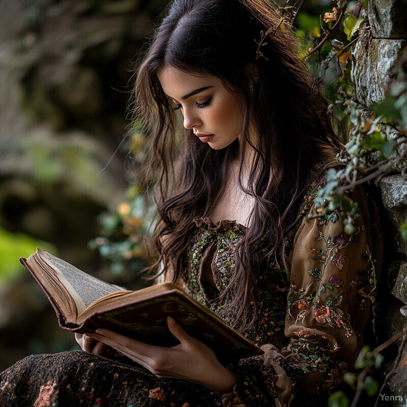 A young woman with long dark hair reads an old book in a serene outdoor setting.