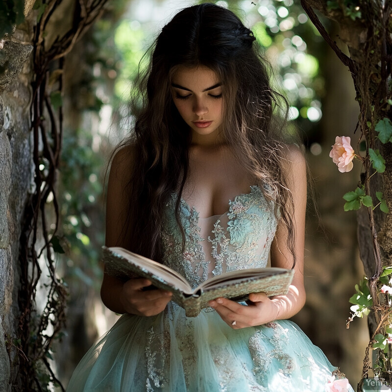 A young woman in a light blue dress stands amidst an arched trellis, reading a book.