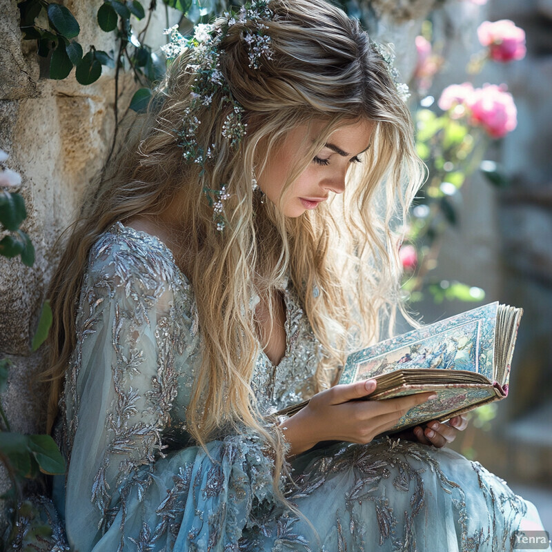 A woman in a stunning silver gown with intricate embroidery, wearing a delicate crown and posing elegantly.