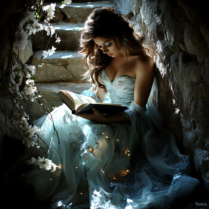 A woman sits on stone steps, surrounded by an enchanting atmosphere, reading from an open book in her hands.