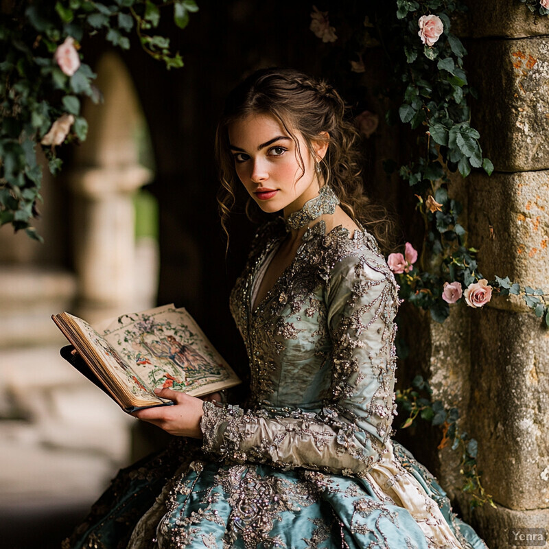 A woman dressed in medieval attire sits on the floor surrounded by books and scrolls, holding a large leather-bound tome.