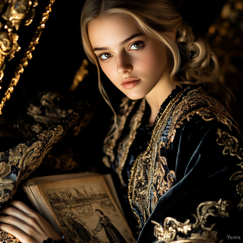 A young woman with blonde hair, dressed in an ornate black and gold dress, holding a book.