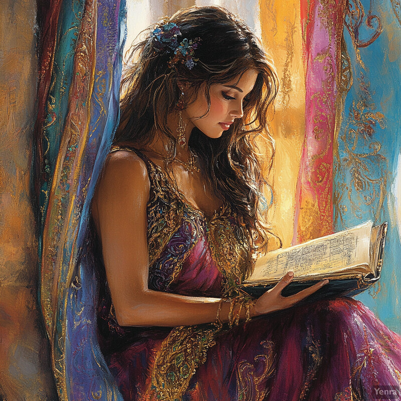 A woman in a purple dress reads from an open book