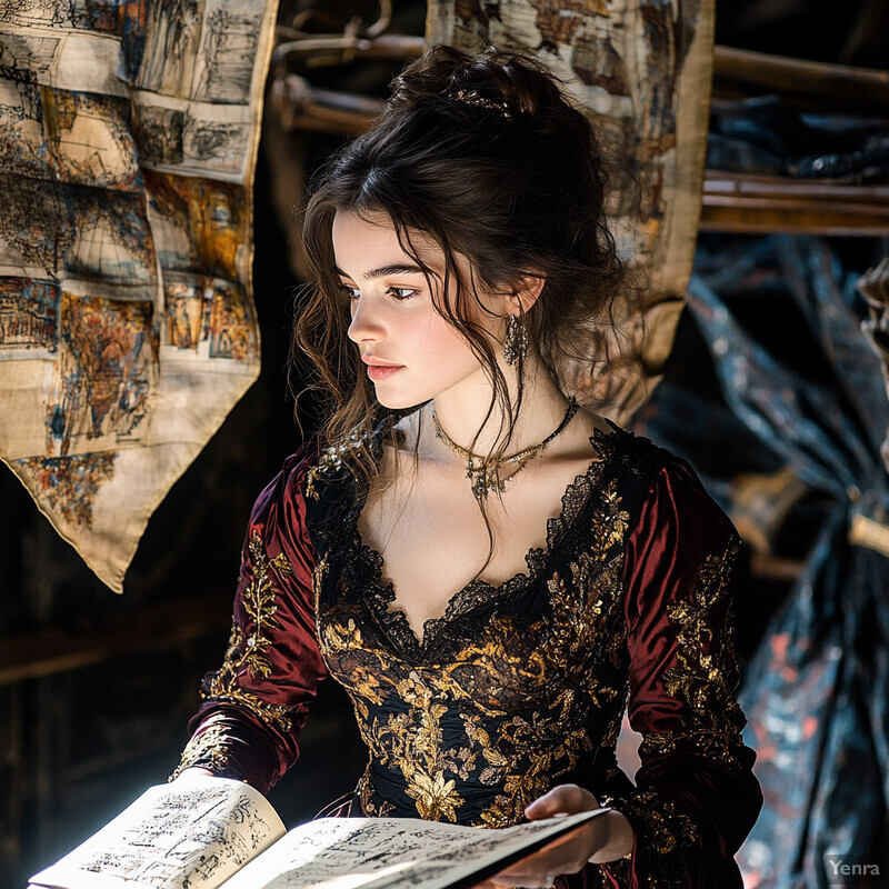 A young woman in a Renaissance-style dress holds a book or scroll, surrounded by a blurred room with natural light pouring in.