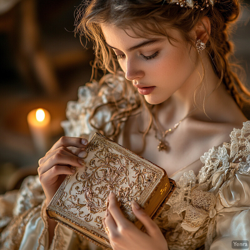 A young woman dressed in Victorian attire holds a book with gold filigree cover and pages, set against a blurred interior background.