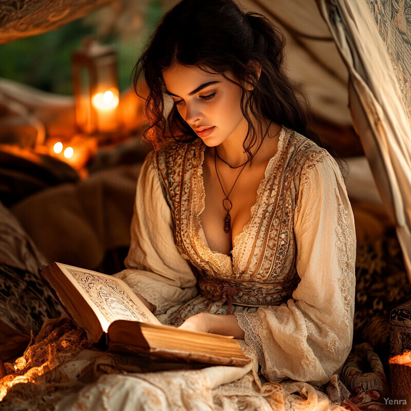 A woman engrossed in reading a book in a serene and intimate setting