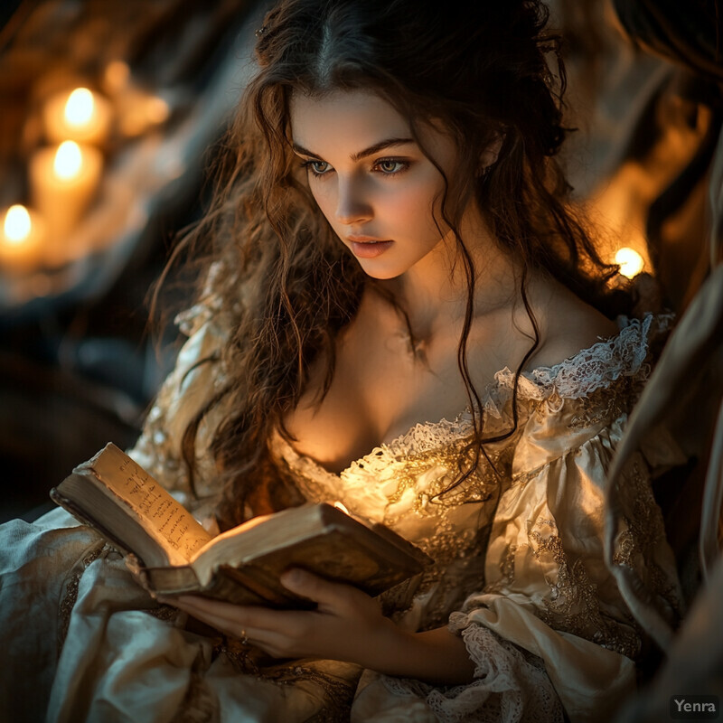 Woman engrossed in reading a book by candlelight