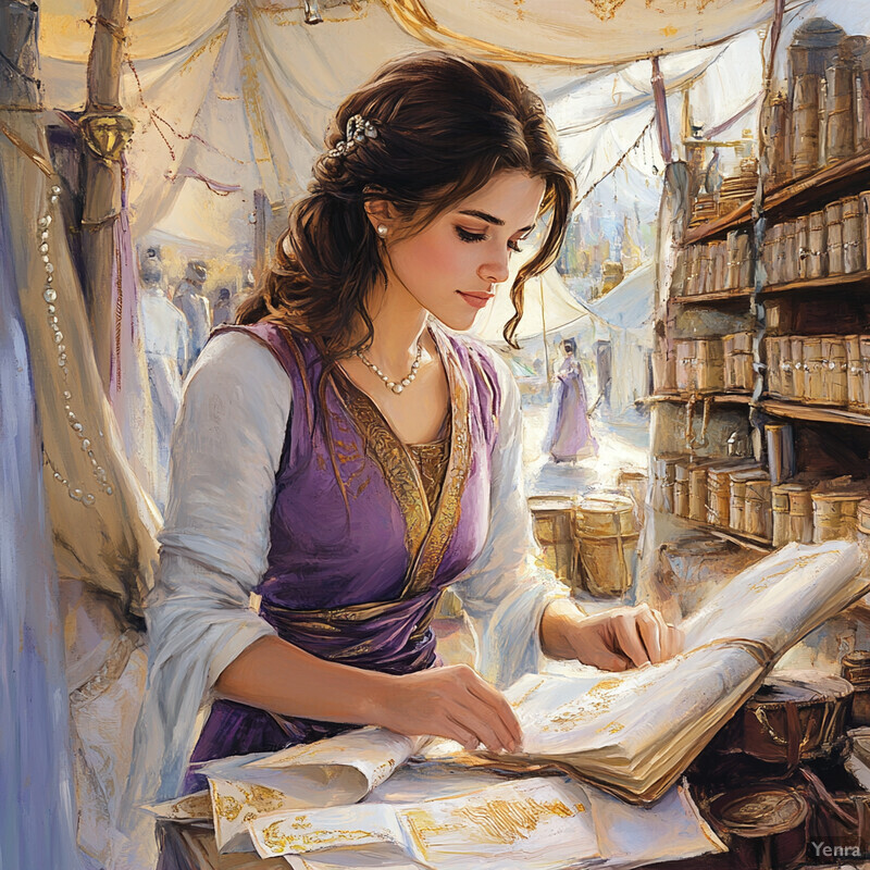 A woman with long brown hair sits at a desk surrounded by papers and documents, dressed in a purple dress with gold accents and a white shawl. She is poised delicately on the papers, exuding an air of sophistication and refinement.