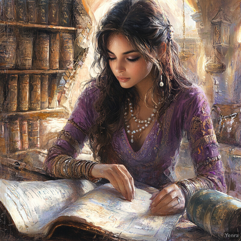 A woman reads a book in a serene atmosphere.