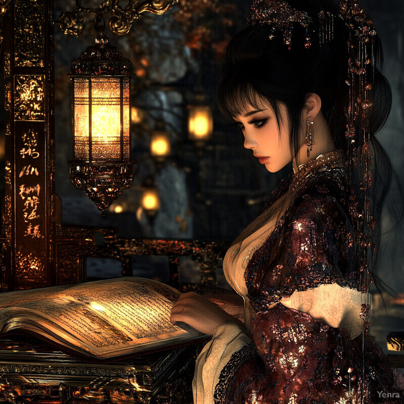 A woman in traditional Chinese attire holds an open book, surrounded by ornate gold decorations and lanterns.