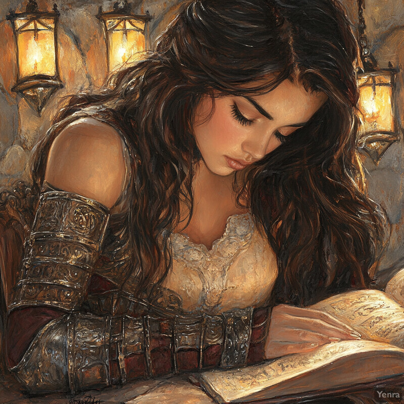 A woman in armor reads an old book by candlelight.