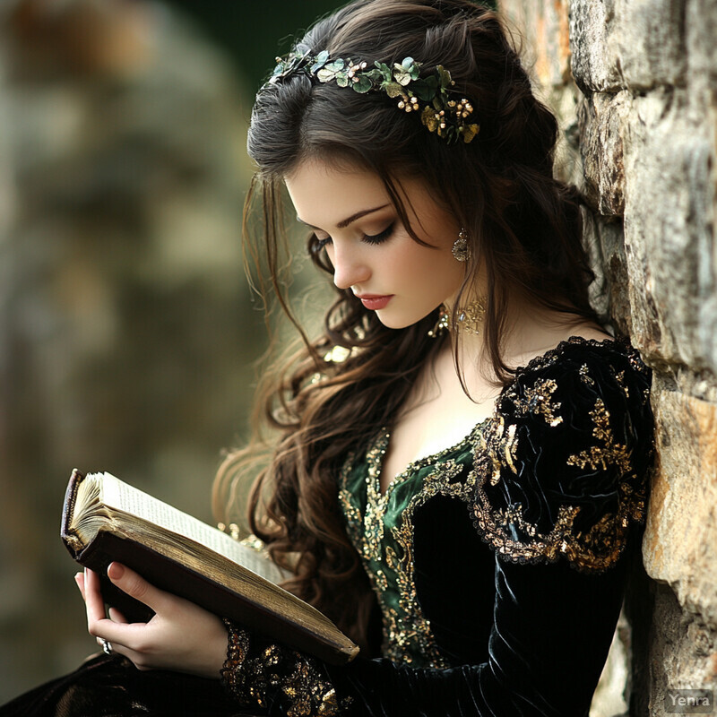 A young woman in medieval attire stands against a stone wall, holding an open book.