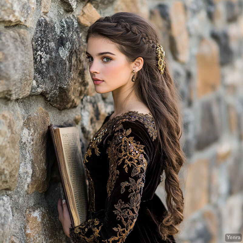 A young woman in a Renaissance-inspired outfit stands against a stone wall, holding an open book.