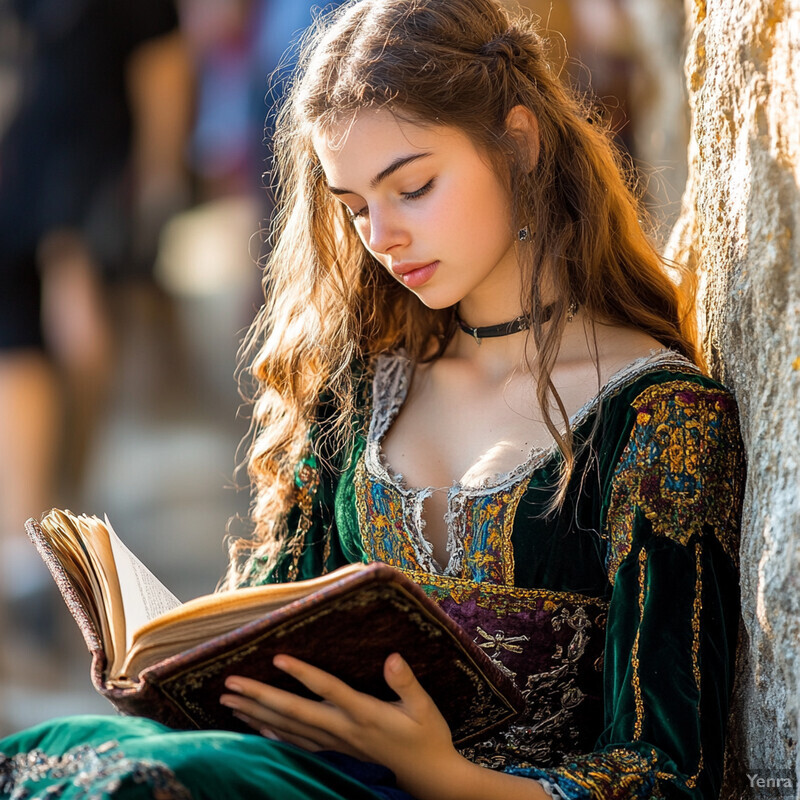 A young woman reads a large leather-bound book against a stone wall.