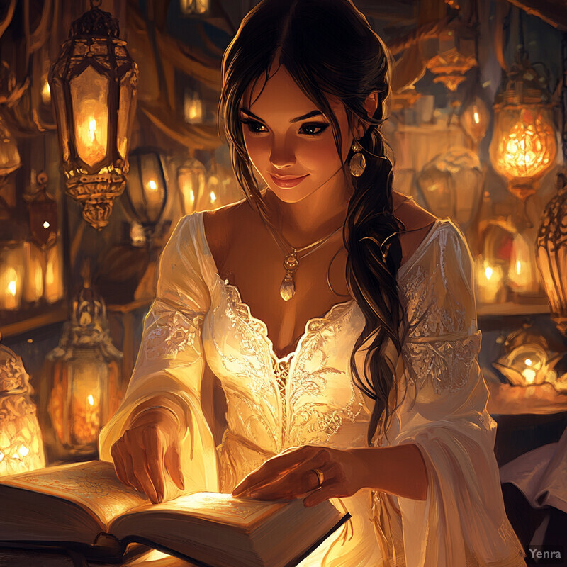 A woman in a white dress reads a book by candlelight