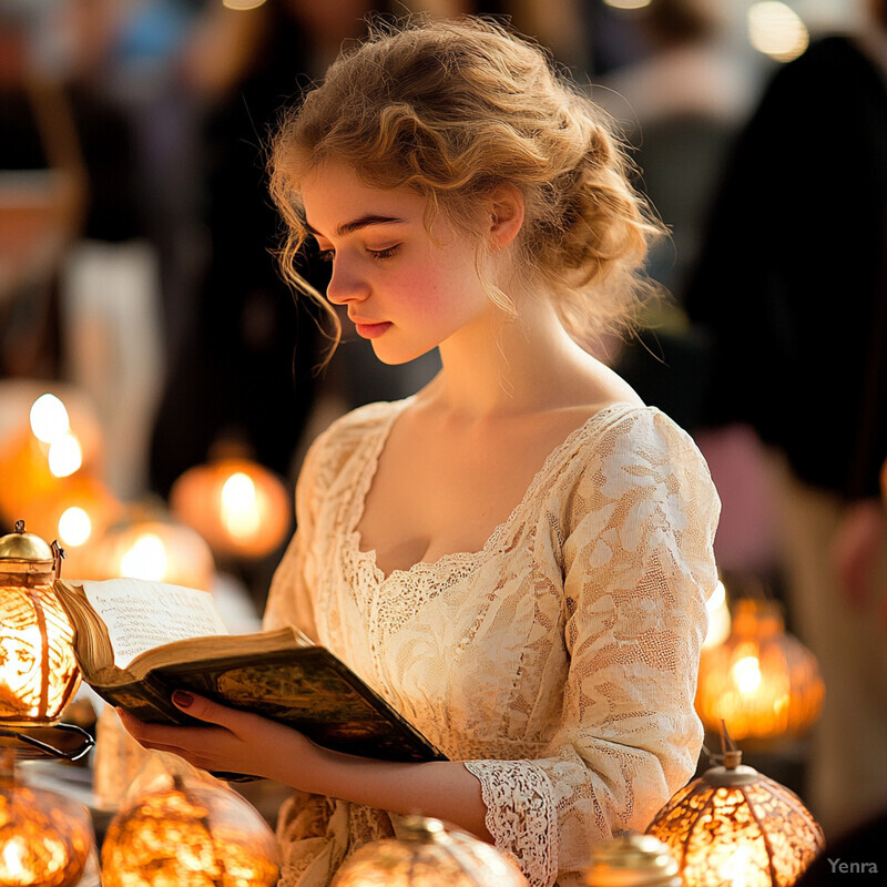 A young woman with blonde hair and a white lace dress is engrossed in reading an old leather-bound book at a formal event.