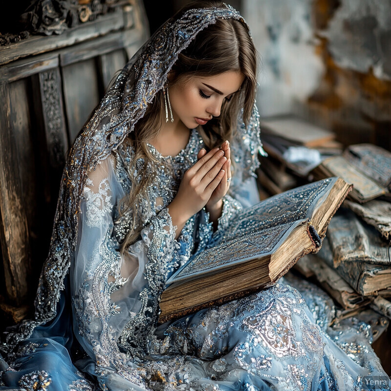 A woman sits on the floor surrounded by books and papers, her hands clasped together in front of her face.