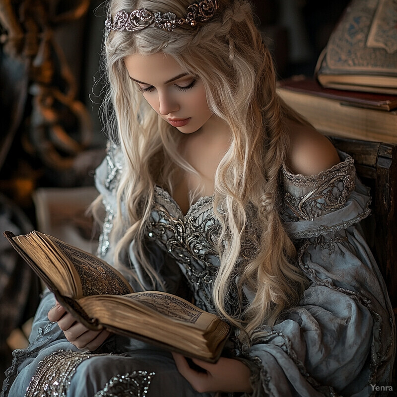 A woman with long blonde hair and a crown on her head, dressed in an ornate gown and holding a book