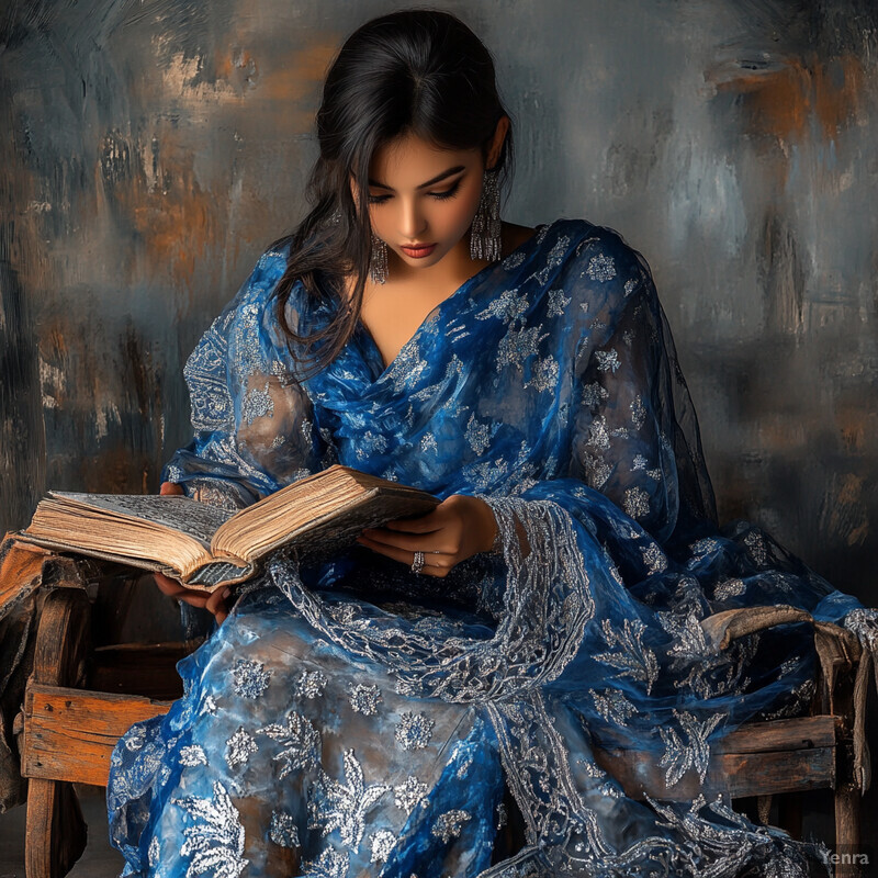 A woman in a blue sari reads a book while seated in a worn chair against a blurred background.