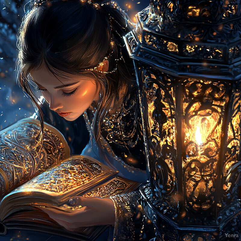 A woman with long dark hair reads an illuminated book in a serene outdoor setting.