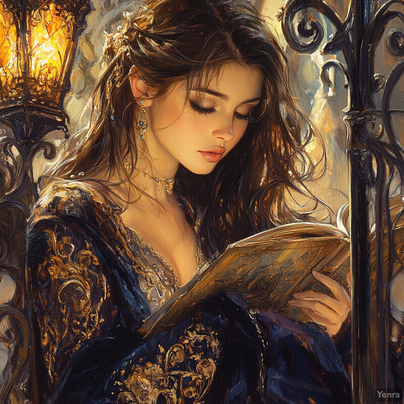 A woman dressed in Renaissance attire holds an open book, exuding serenity and quiet contemplation.