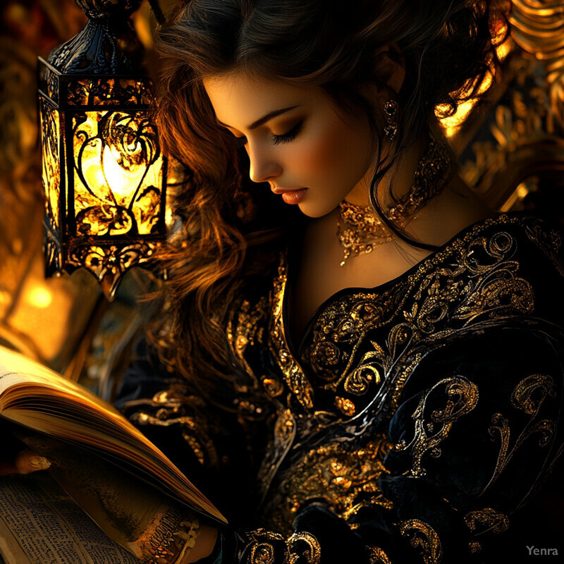 A woman reads in an ornate setting, suggesting aristocratic or refined tastes.