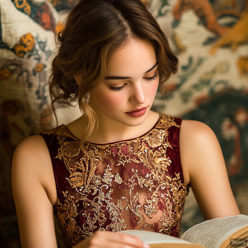 A young woman reads a book in front of a blurred background