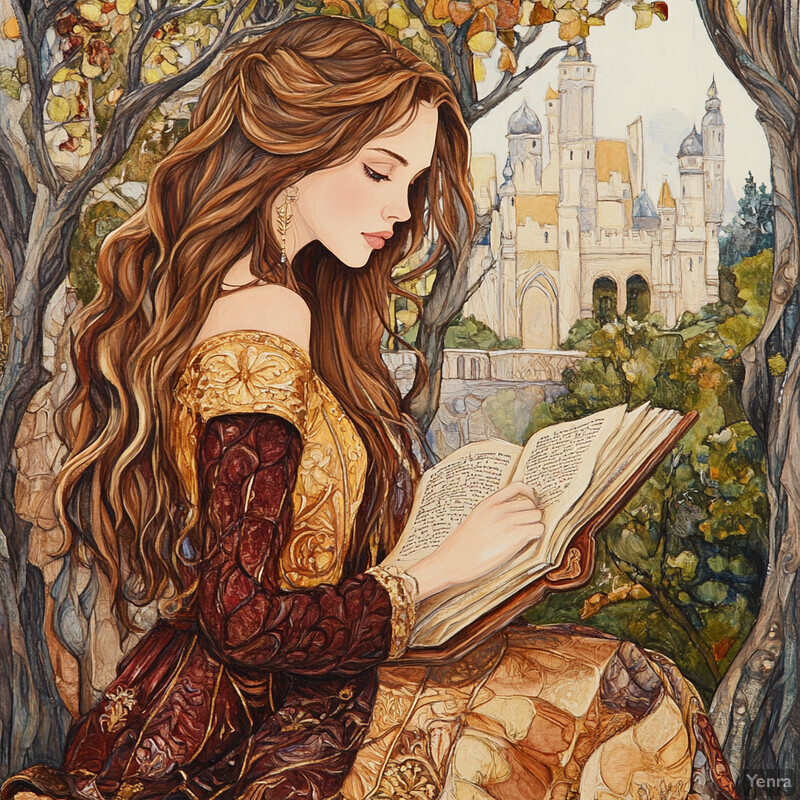 A woman reads a book in front of a castle