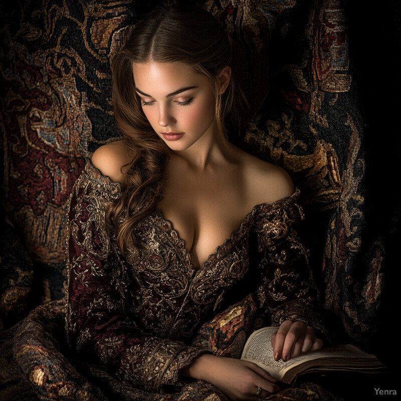 A woman in Renaissance-inspired attire sits with her hands folded, gazing downward in contemplation.