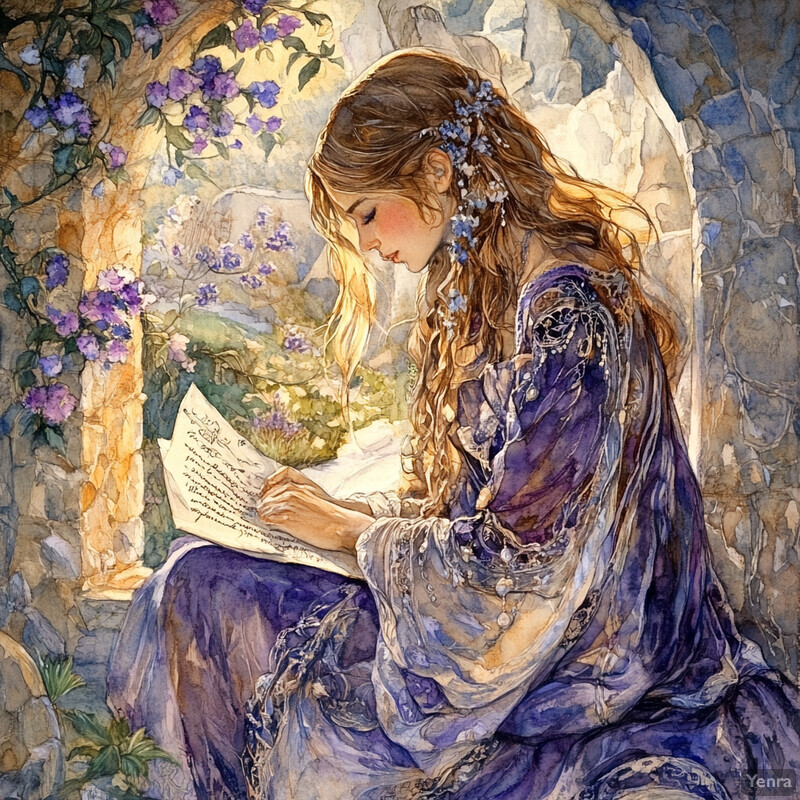 A young girl sits in front of an arched window, reading from a piece of paper, surrounded by purple flowers and sunlight.