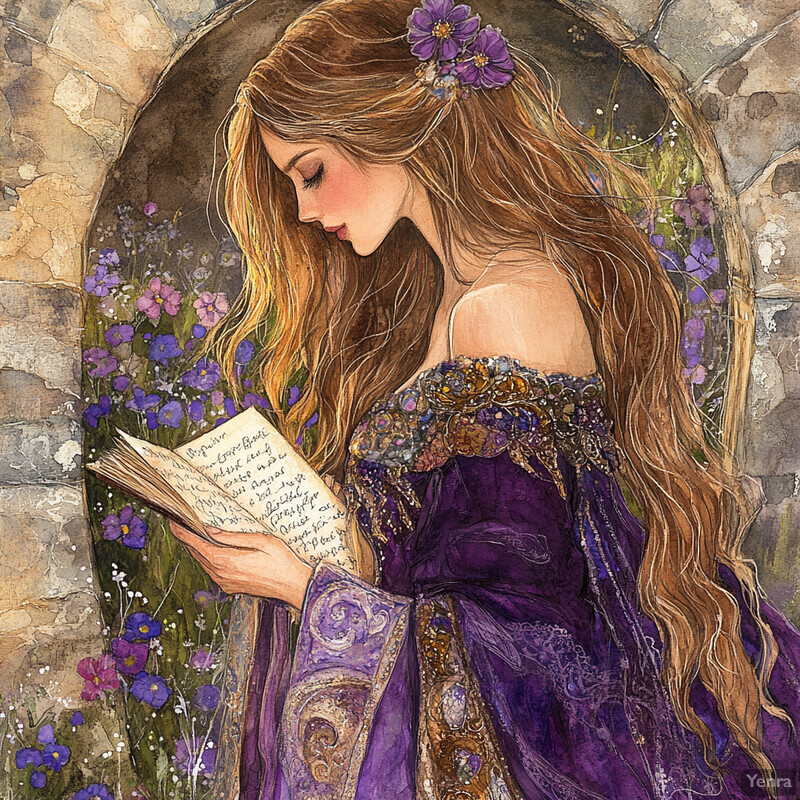 A woman with long brown hair and purple flowers in her hair holds an open book in front of a stone wall adorned with purple flowers.