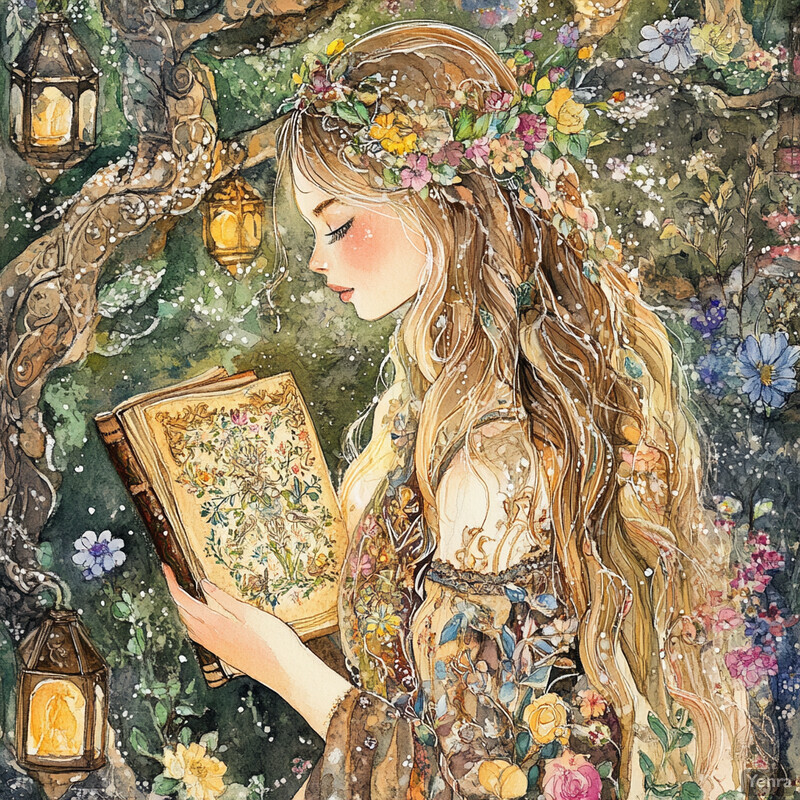 A woman surrounded by nature, holding an open book with intricate designs and flowers on its cover.