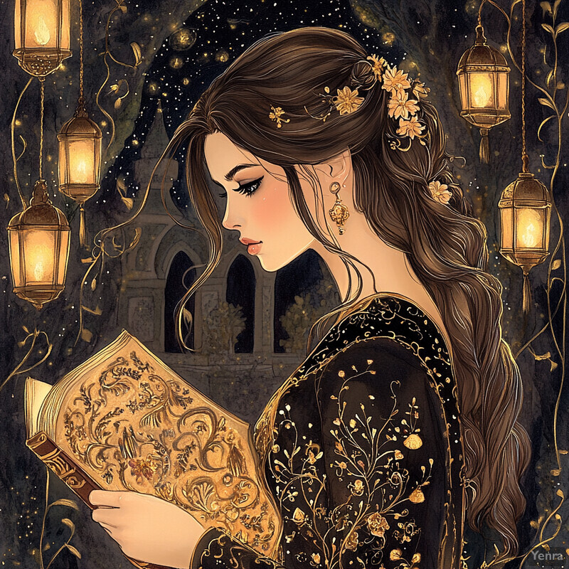 A woman with long brown hair and flowers in her hair holds an intricately decorated book against a dark gray wall with golden vines and leaves.