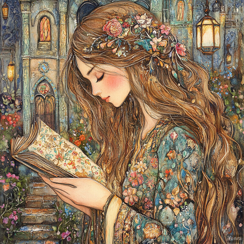 A woman with long hair adorned in flowers reads a book in front of an ornate stone building.