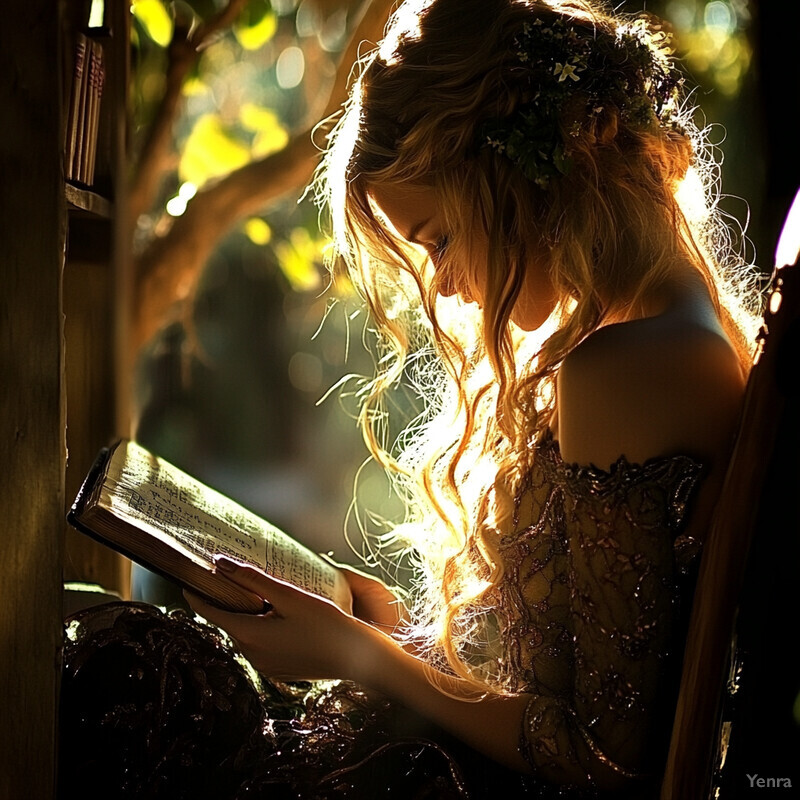 A woman sits in front of a tree, surrounded by greenery and flowers, lost in thought.